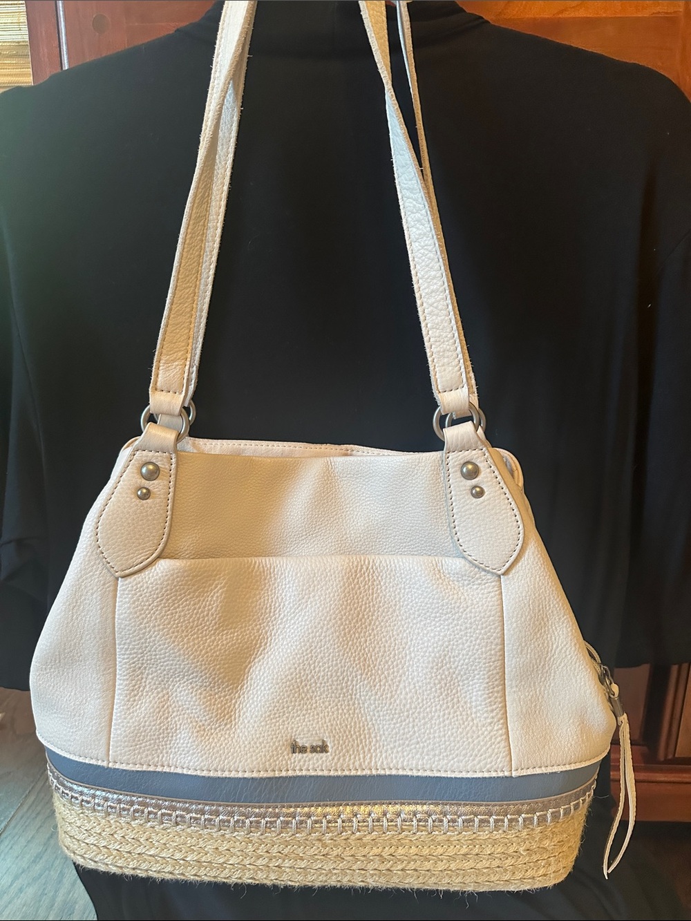 The Sak Cream and Natural Straw Shoulder Bag with Gray Trim